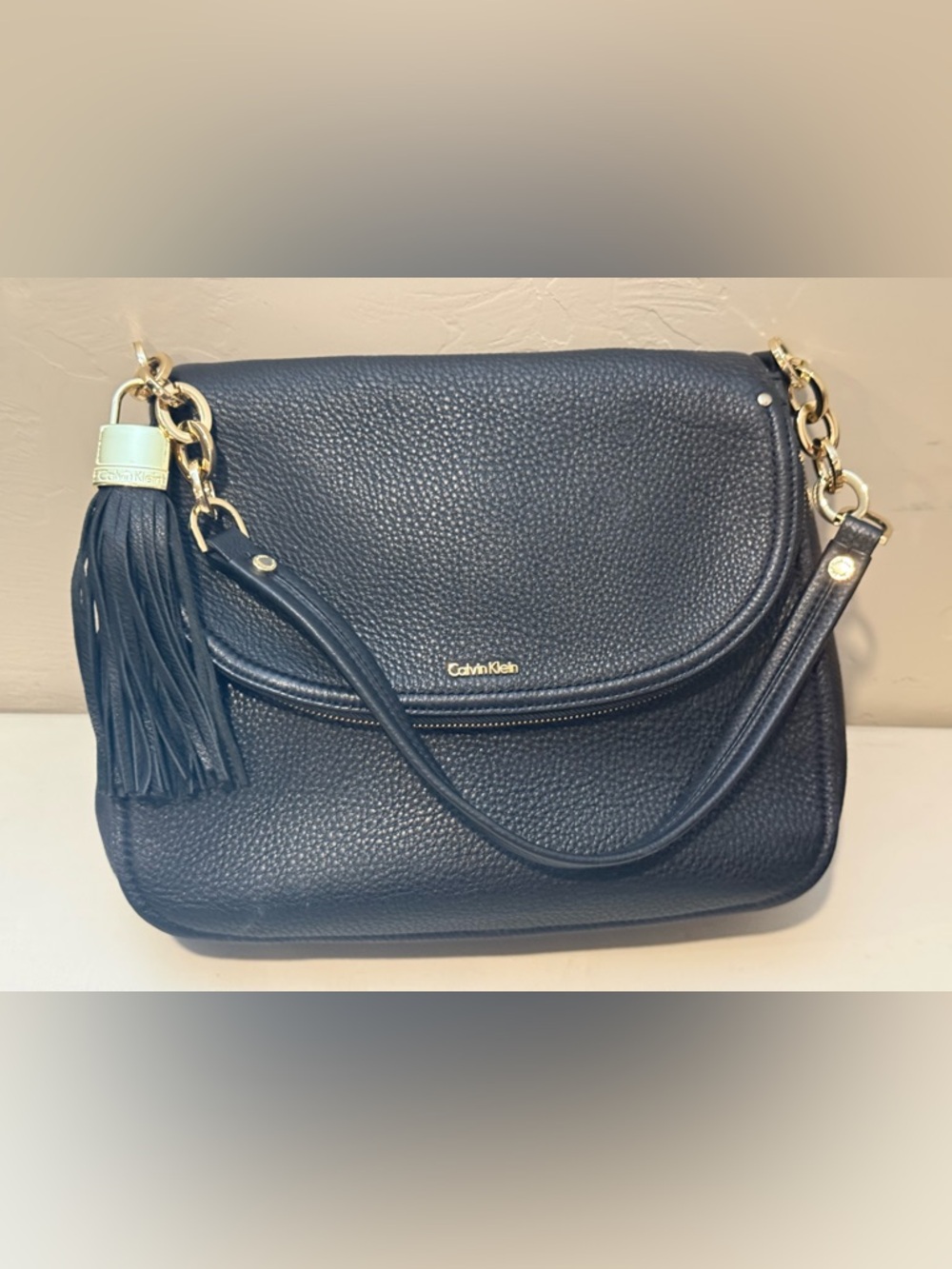 Calvin Klein Black Flap Hobo Shoulder Bag w/Fringe Gold Lock Accent HANDLE‎